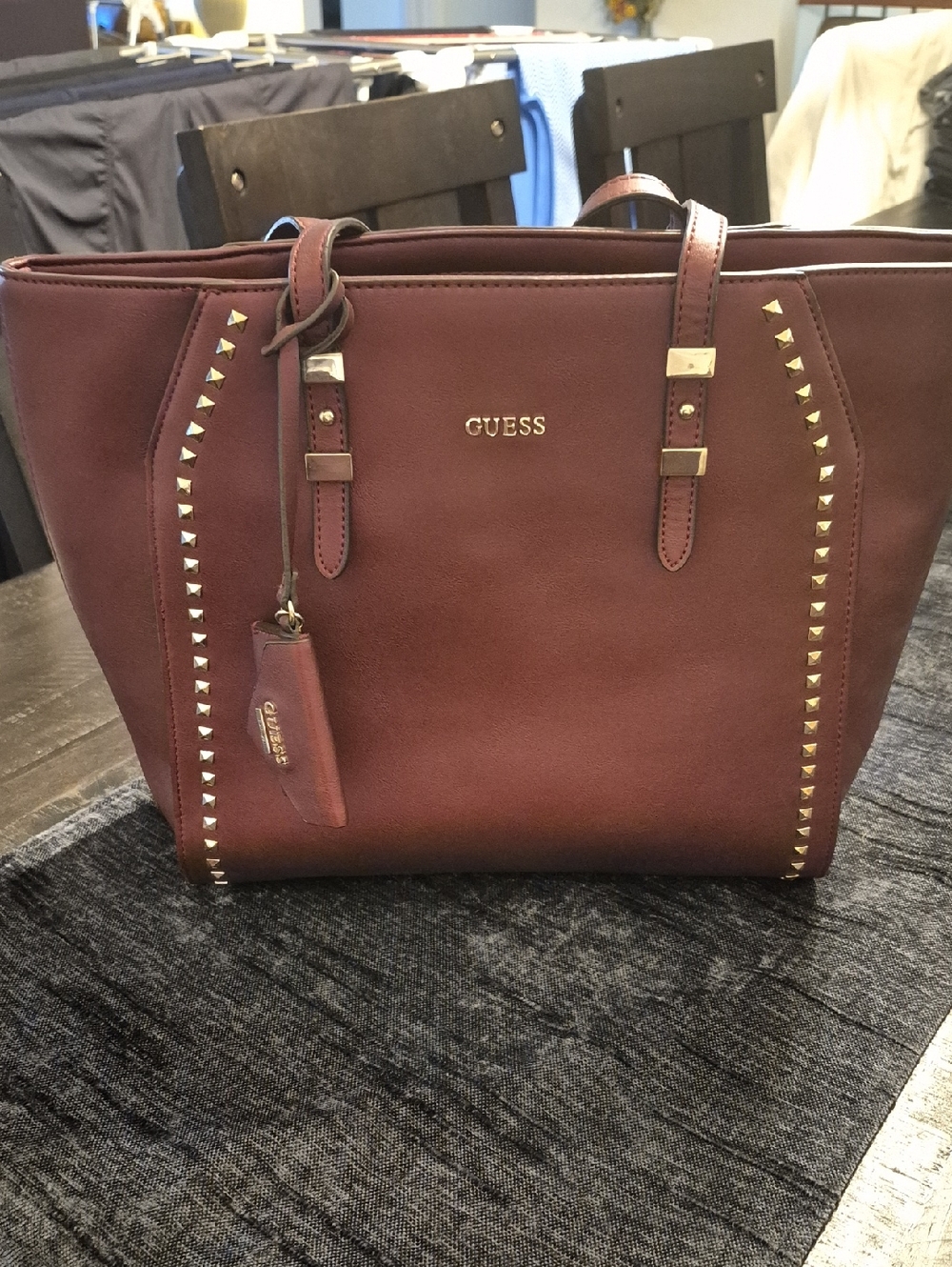 GUESS Wine Red Tote with Gold Stud Details